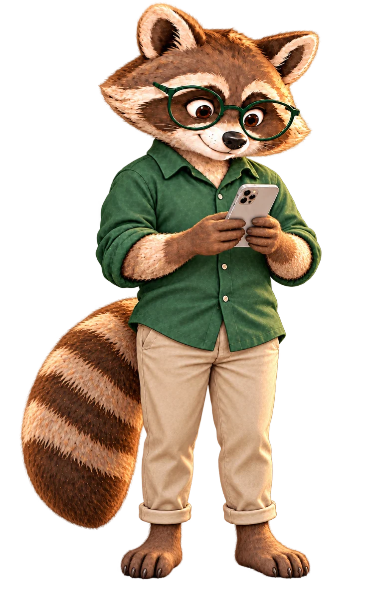 The AskData raccoon standing and looking at a phone held in both paws